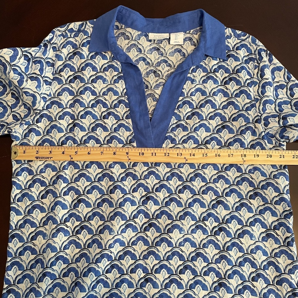 Sigrid Olsen Linen Patterned Tunic Top Blue L Resort Beach Coastal Sustainable - Picture 9 of 10